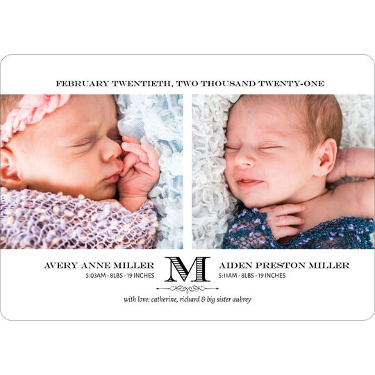 Initial Twins Photo Birth Announcements